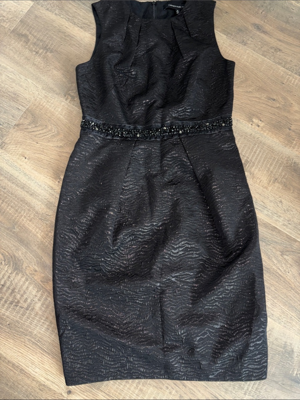 Carmen Marc Valvo Black Brocade Beaded Waist Cocktail
Sheath Dress